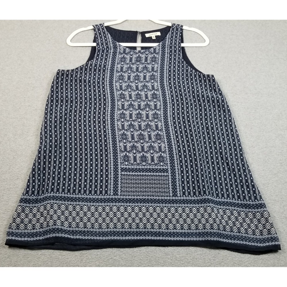 Max Studio Tank Top Womens M Medium Blue White Geometric Sleeveless Tunic‎ Boho